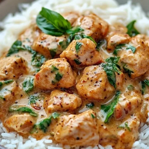 Basil Chicken in Coconut Curry Sauce served with rice and herbs