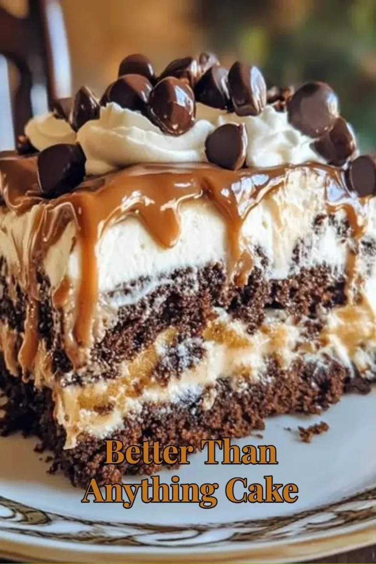 Rich and decadent Better Than Anything Cake topped with caramel and whipped cream