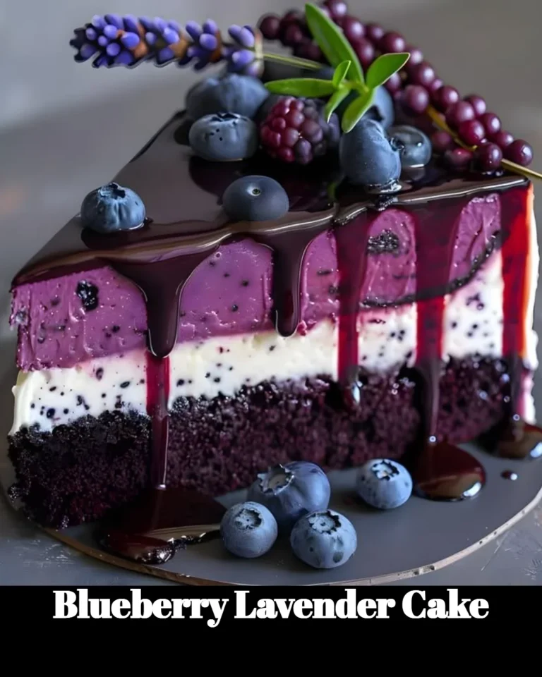Delicious Blueberry Lavender Cake with fresh blueberries and lavender flowers.