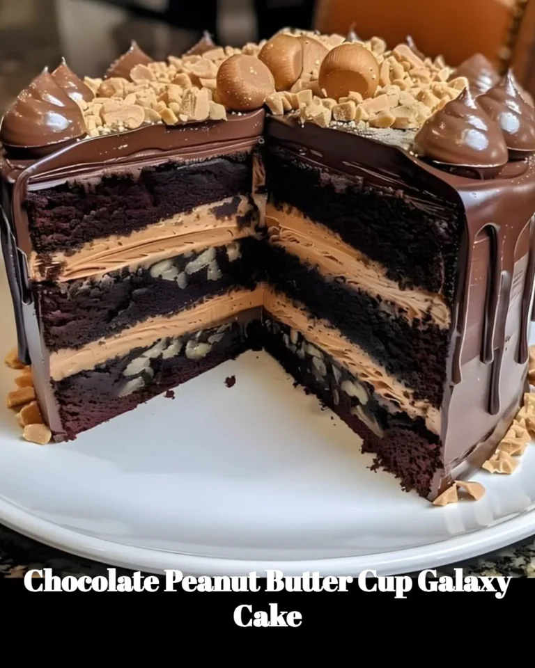 Delicious Chocolate Peanut Butter Cup Galaxy Cake with a rich chocolate and peanut butter design