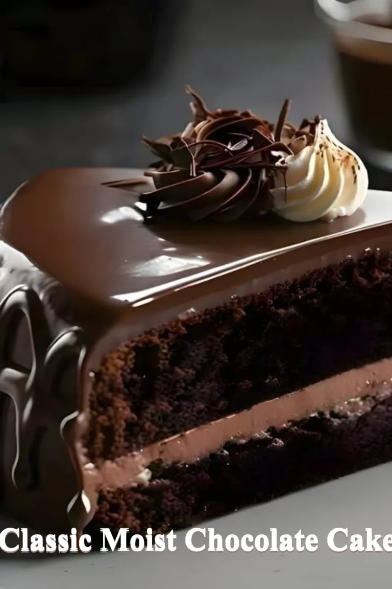 Delicious slice of classic moist chocolate cake with rich chocolate frosting.