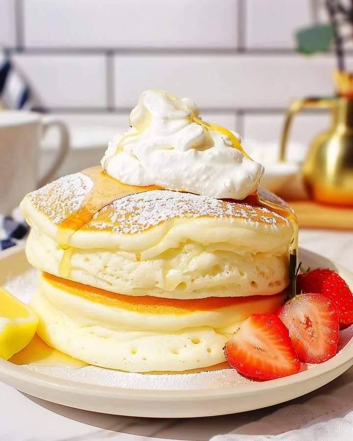 Delicious cloud-like Lemon Soufflé Pancakes topped with fresh lemon zest and syrup