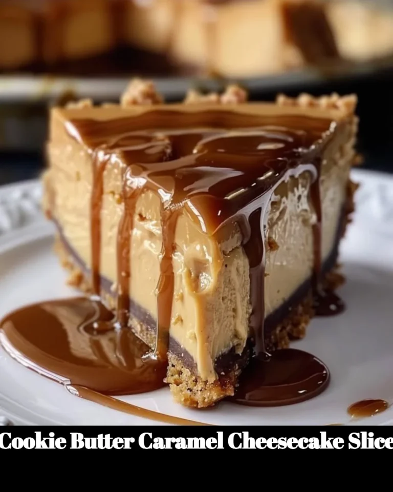 Cookie Butter Caramel Cheesecake Slice with a rich, creamy topping