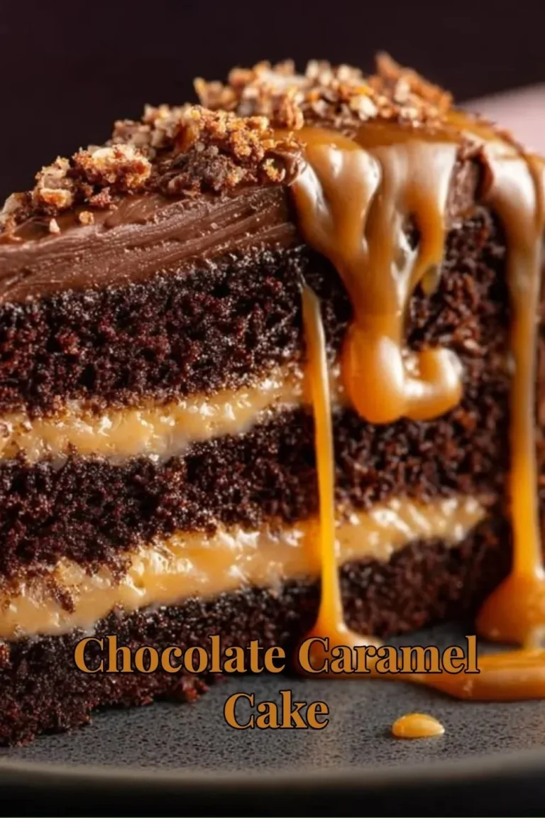 Decadent chocolate caramel cake with rich chocolate layers and caramel drizzle.