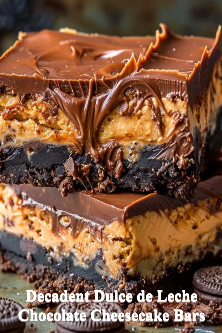 Decadent dulce de leche chocolate cheesecake bars served on a plate