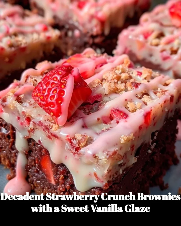 Strawberry crunch brownies drizzled with sweet vanilla glaze on a plate