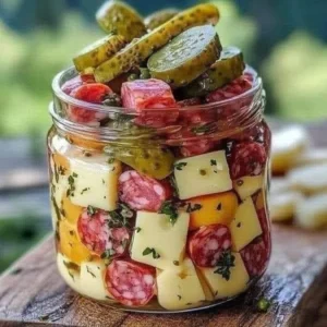 Easy marinated cheese appetizer with salami and pickles served on a platter