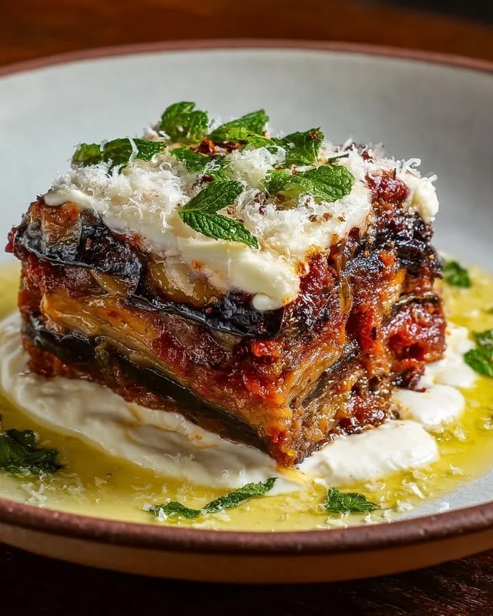 Delicious eggplant parmigiana with burrata, caramelized onions, and creamy Parmesan sauce