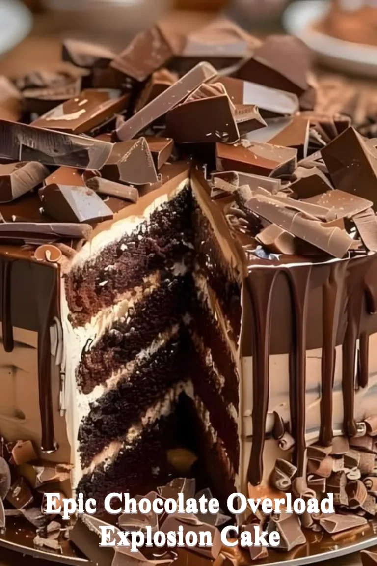 Epic chocolate explosion cake with layers and melted chocolate topping.