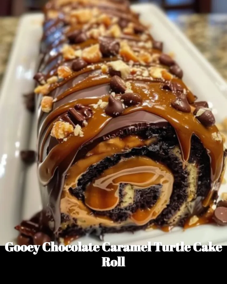 Gooey Chocolate Caramel Turtle Cake Roll with chocolate, caramel, and pecans