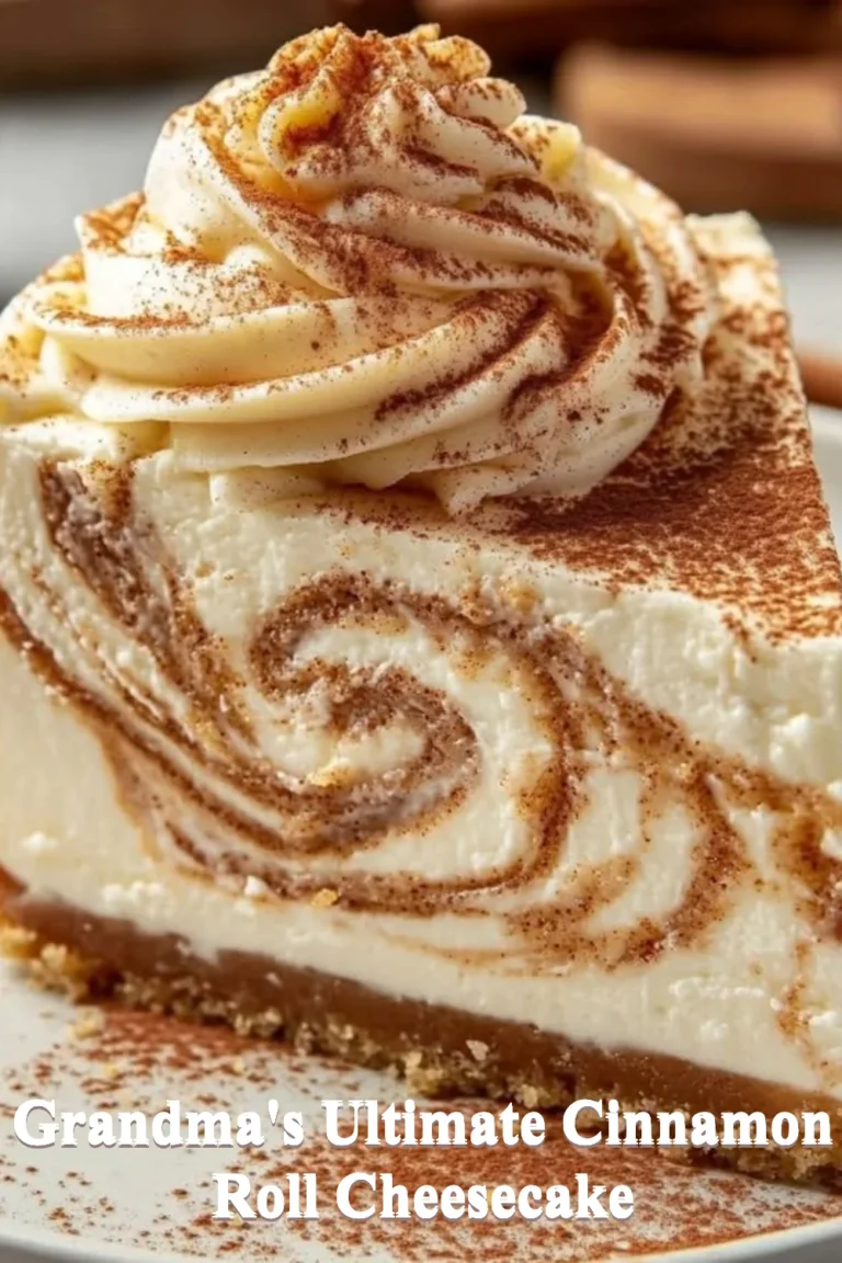 Grandma's Ultimate Cinnamon Roll Cheesecake with creamy frosting and cinnamon swirl