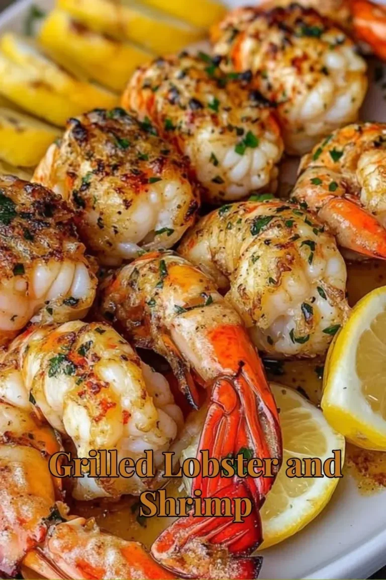 Delicious grilled lobster and shrimp on a plate, garnished and ready to serve.