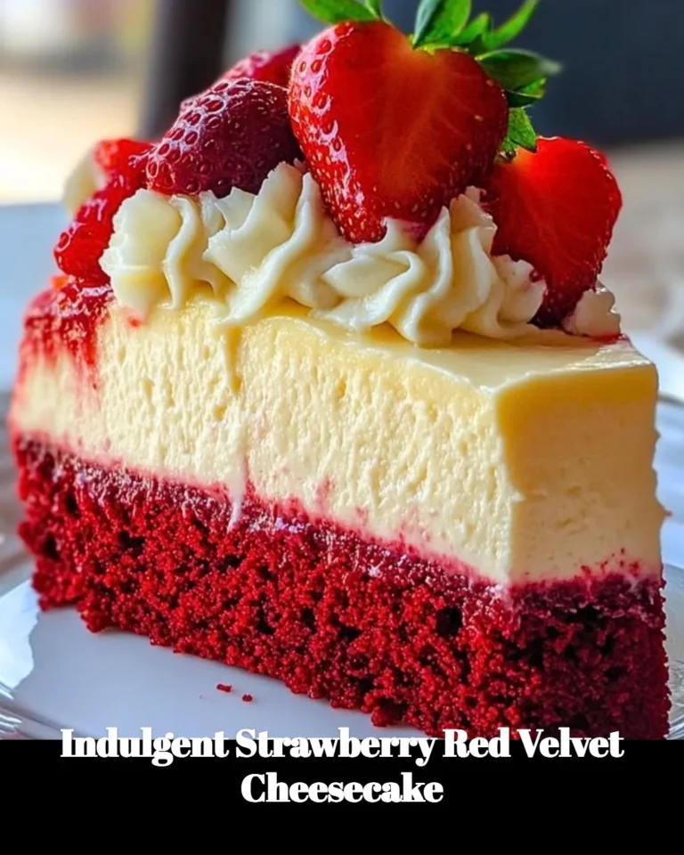 Indulgent strawberry red velvet cheesecake adorned with fresh strawberries