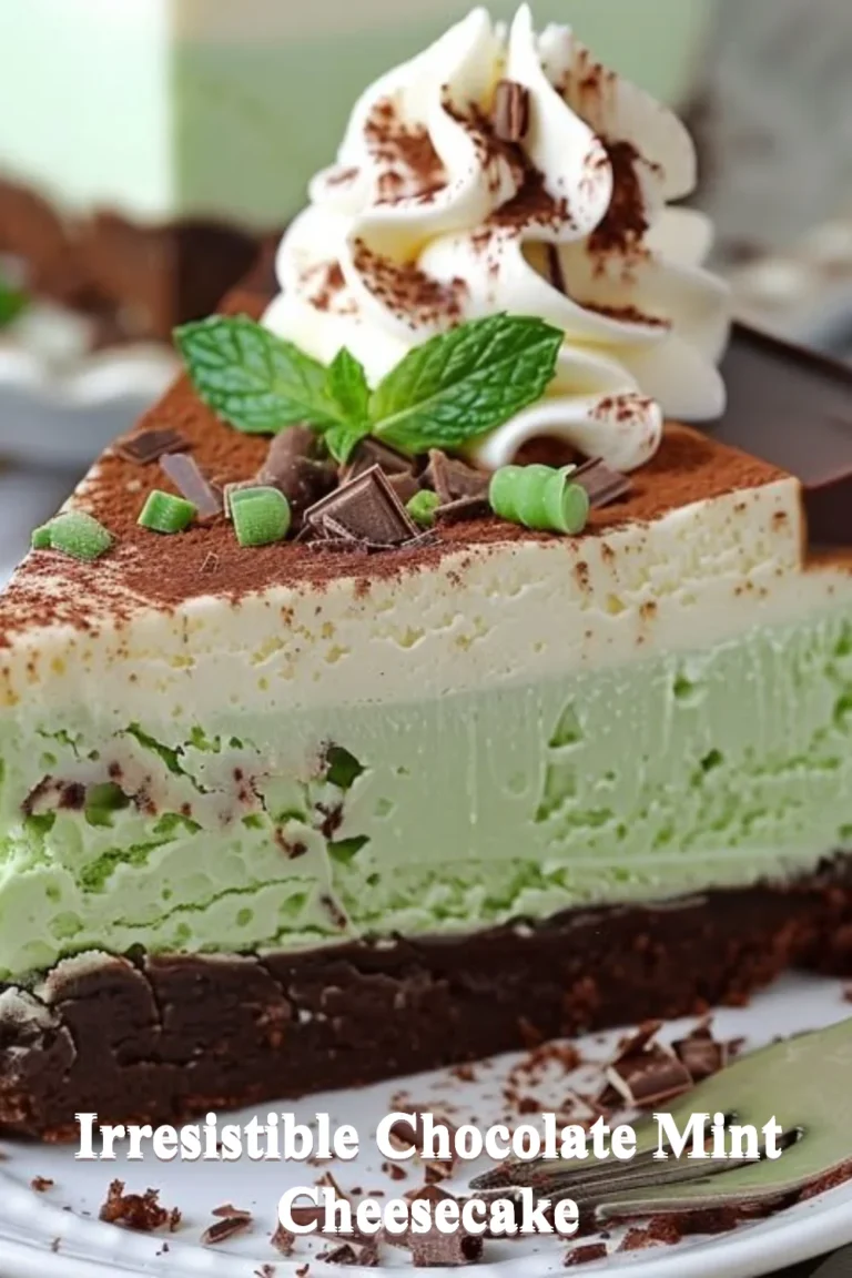 Irresistible chocolate mint cheesecake served with mint leaves.