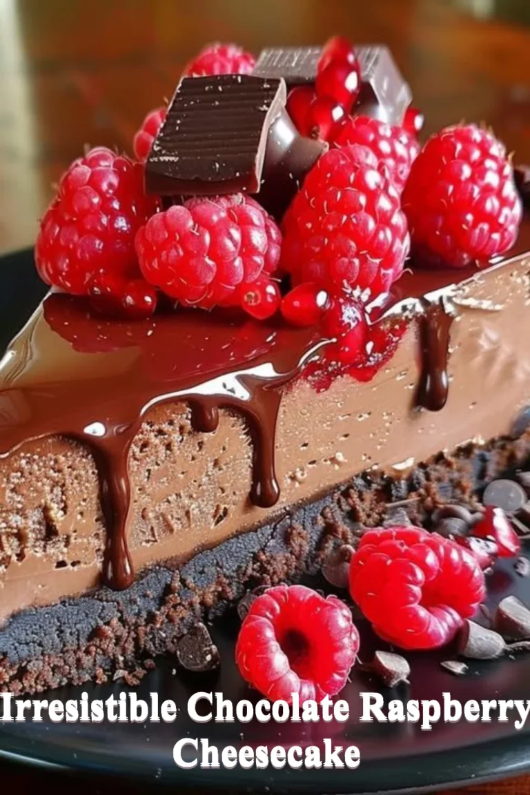 Delicious chocolate raspberry cheesecake topped with fresh raspberries.