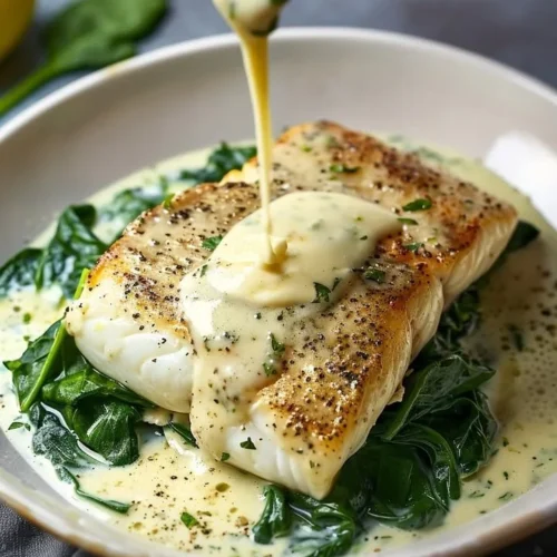 Lemon-garlic seabass served with creamed spinach on a plate