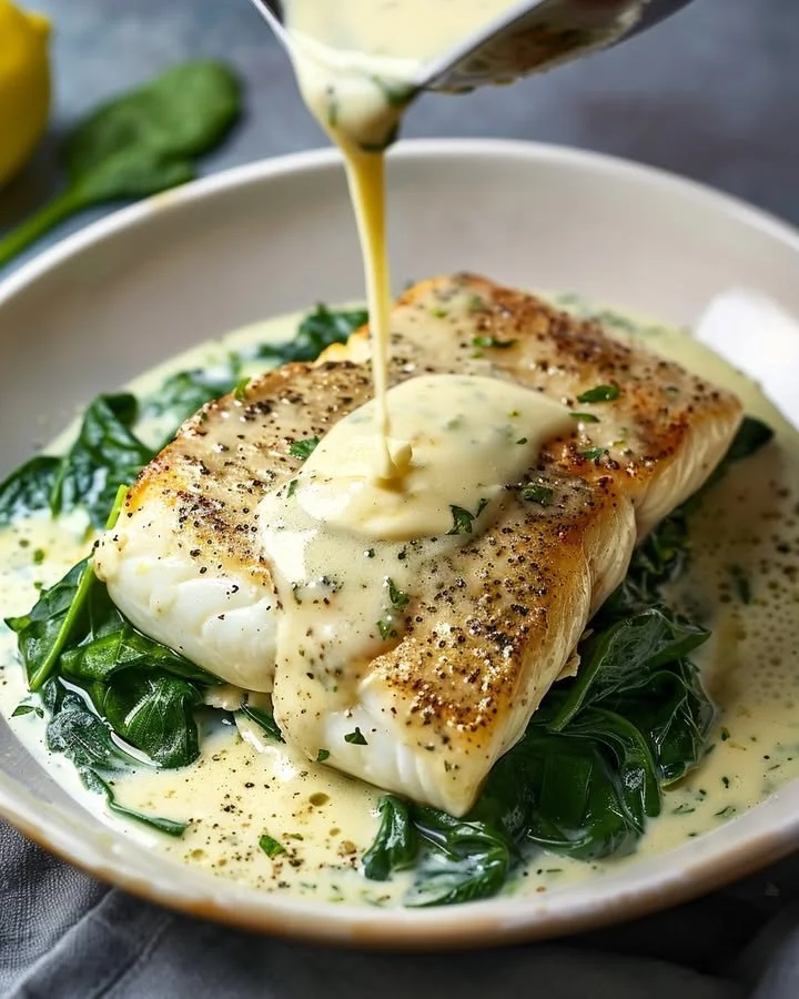 Lemon-garlic seabass served with creamed spinach on a plate