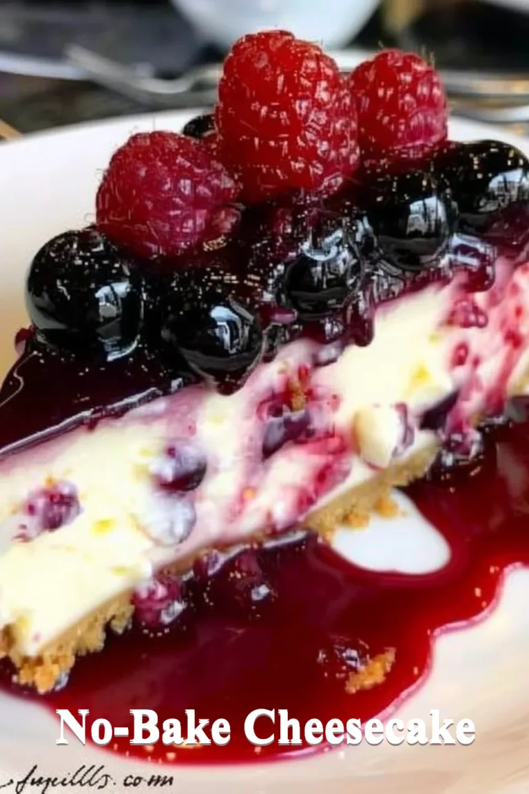Delicious no-bake cheesecake topped with fresh fruit on a white plate