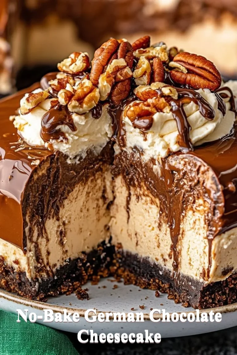No-bake German chocolate cheesecake topped with coconut and pecans