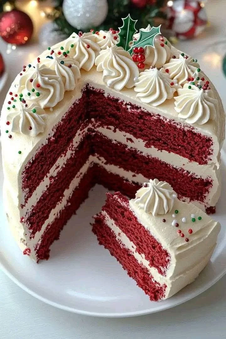 Red Velvet Christmas Cake with White Buttercream Frosting on a decorative plate