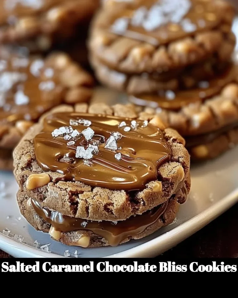 Plate of salted caramel chocolate bliss cookies with a drizzle of caramel