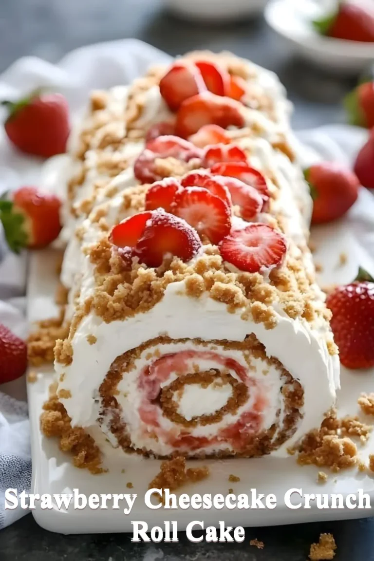 Delicious Strawberry Cheesecake Crunch Roll Cake with fresh strawberries on top.