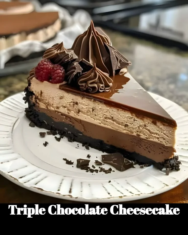 Delicious triple chocolate cheesecake slice on a plate topped with chocolate shavings.