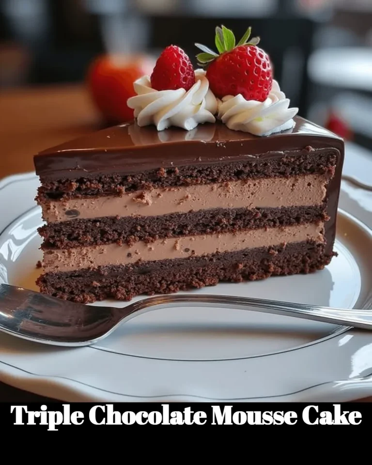 Triple Chocolate Mousse Cake with rich chocolate layers and creamy toppings