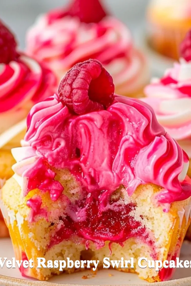 Delicious Velvet Raspberry Swirl Cupcakes with vibrant raspberry topping