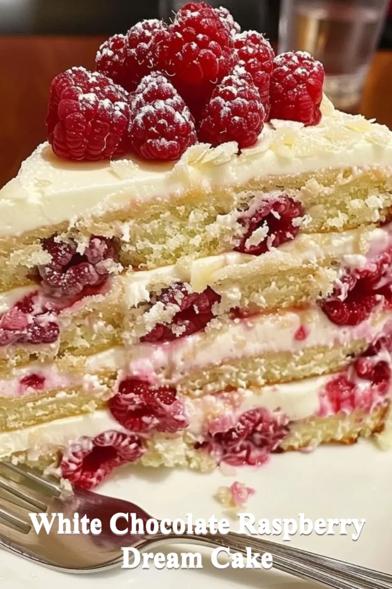 Delicious white chocolate raspberry cake decorated with fresh raspberries and white chocolate.
