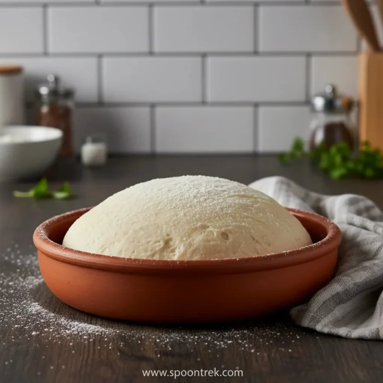 Homemade artisan pizza dough rising on a wooden surface.