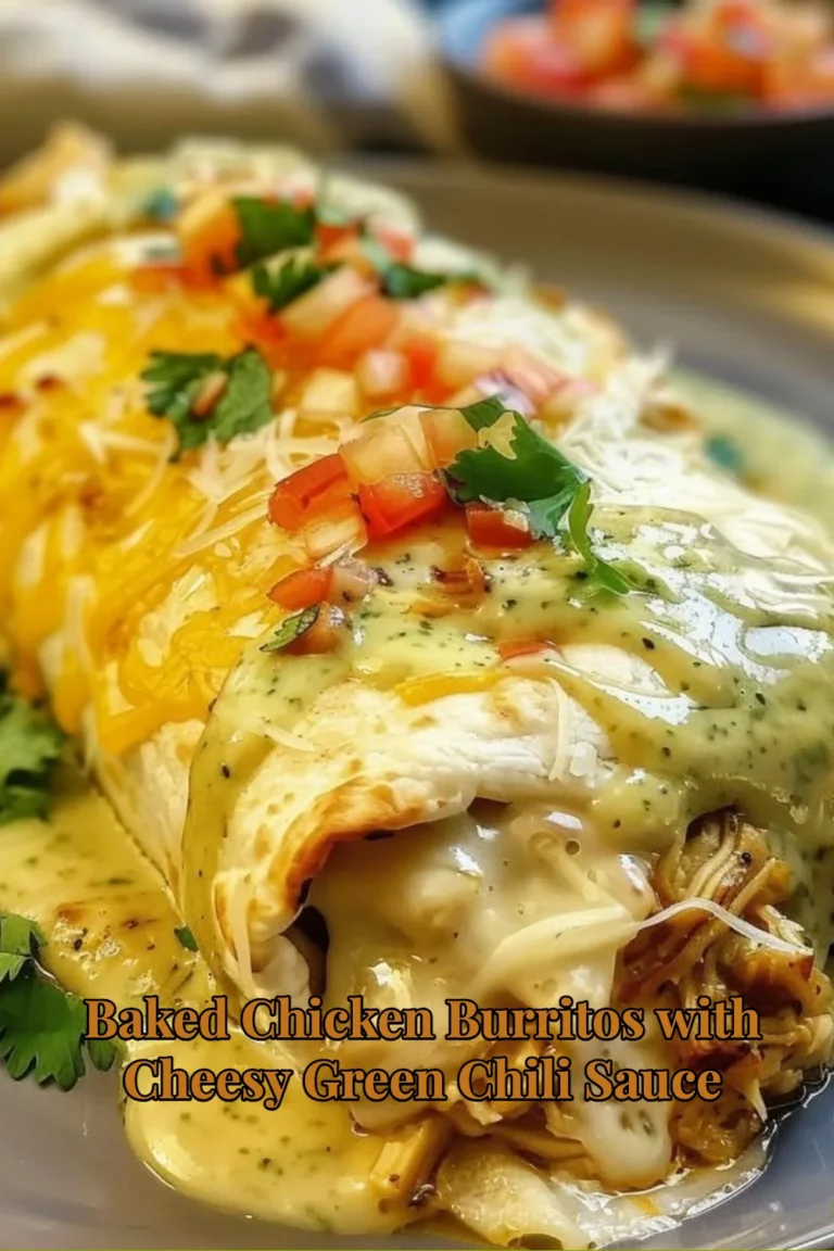 Baked chicken burritos topped with cheesy green chili sauce on a plate.