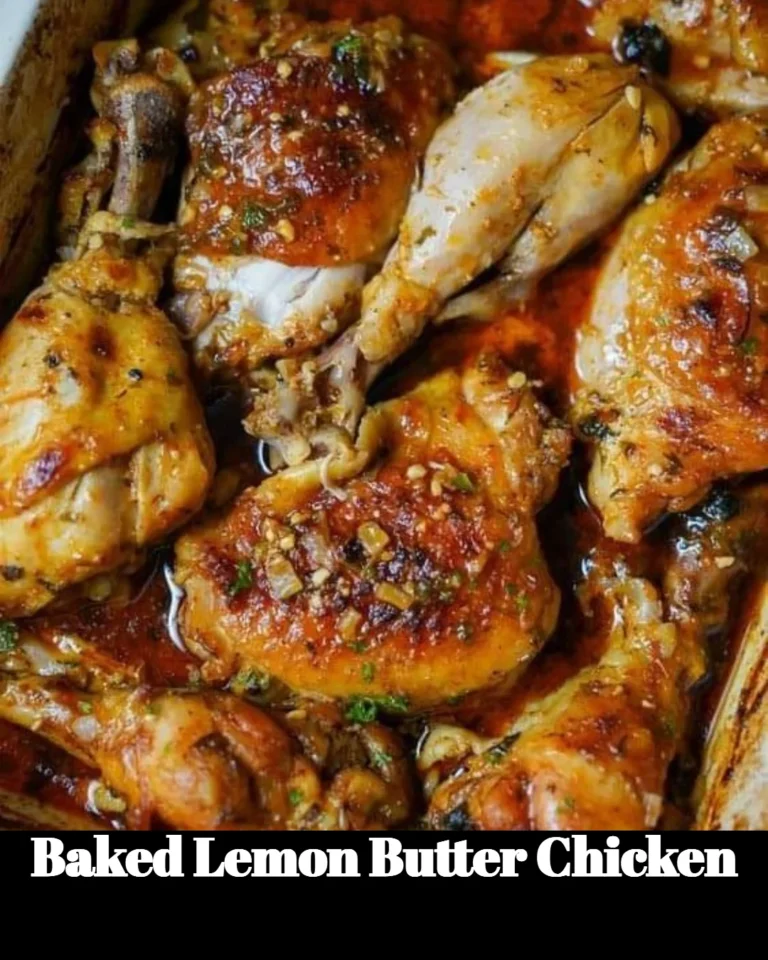 Baked lemon butter chicken garnished with herbs on a plate