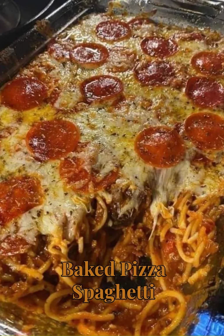 Baked pizza spaghetti topped with cheese and herbs, ready to be served.