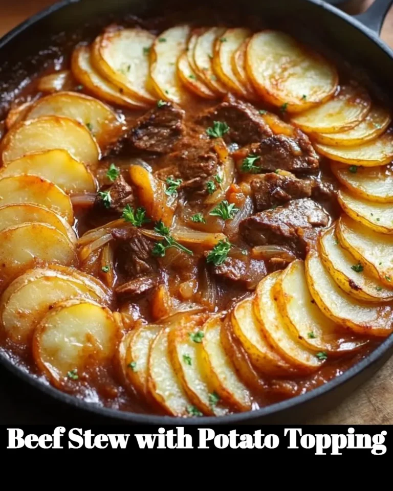 Delicious beef stew with a creamy potato topping served in a bowl
