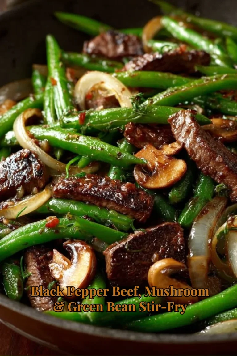 Black Pepper Beef stir-fry with mushrooms and green beans on a plate