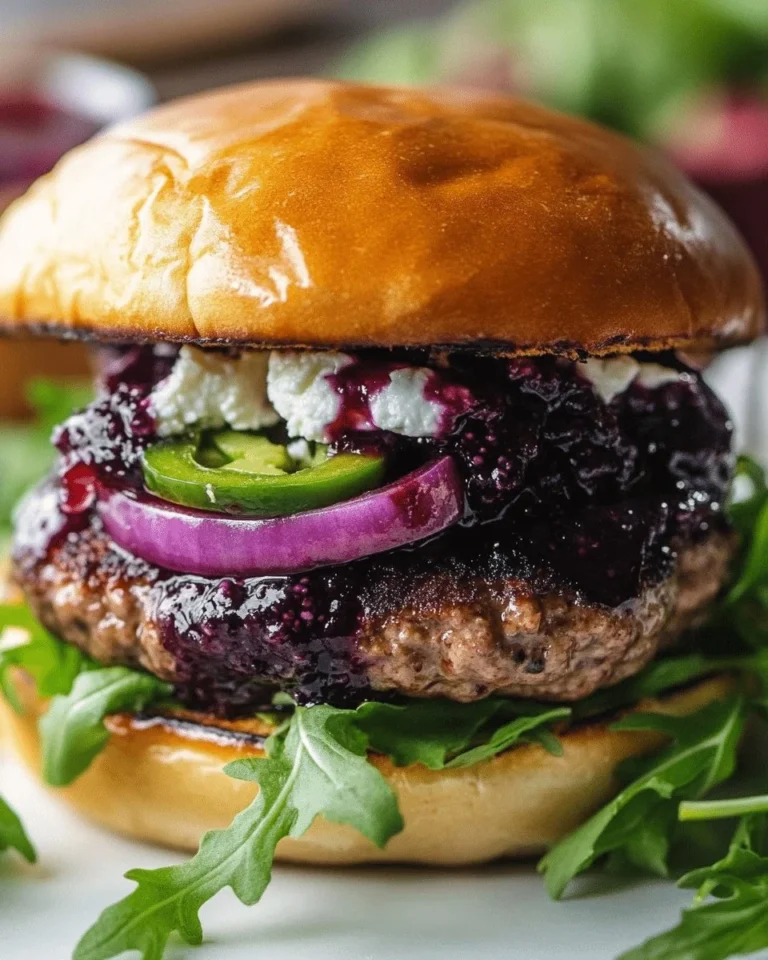 Juicy blueberry feta burgers topped with fresh ingredients on a plate