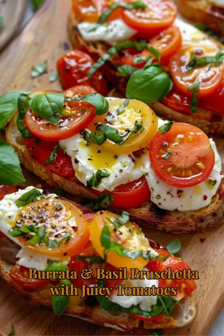 Burrata Bruschetta topped with basil and juicy tomatoes, a perfect appetizer.