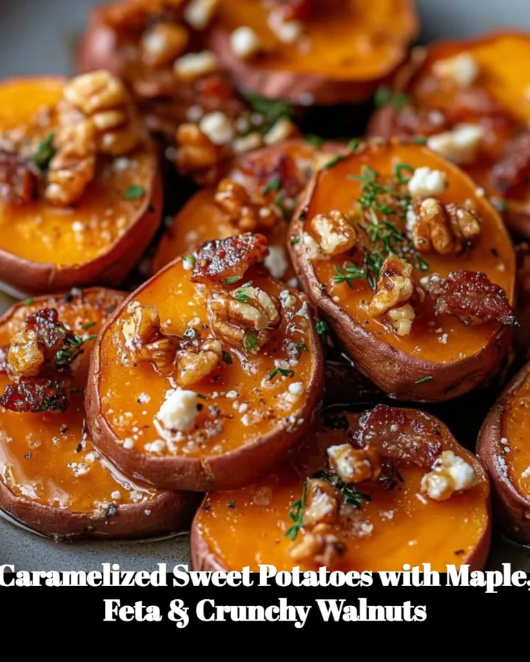 Caramelized sweet potatoes with maple syrup, feta cheese, and walnuts on a plate