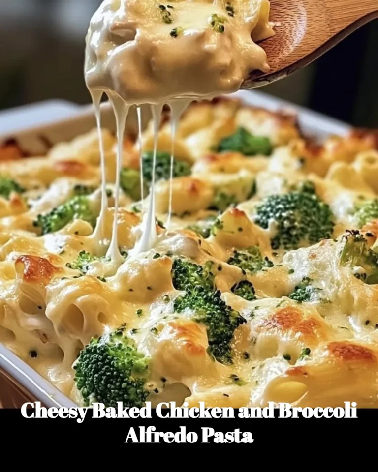 Cheesy baked chicken served with broccoli Alfredo pasta on a plate