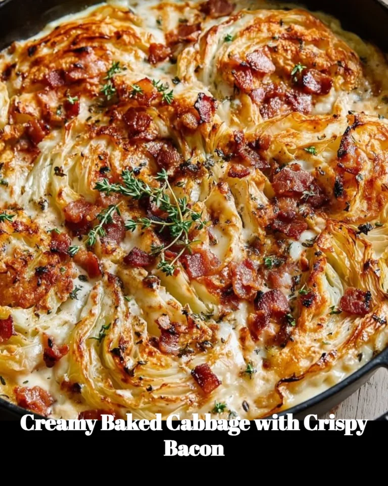 Creamy baked cabbage dish with crispy bacon ready to serve
