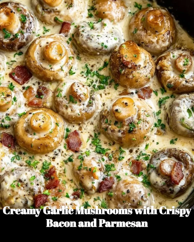 Creamy garlic mushrooms topped with crispy bacon and parmesan cheese in a skillet.