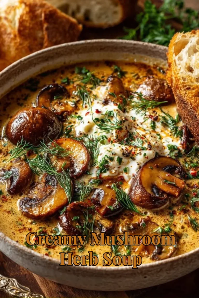 Delicious creamy mushroom herb soup served in a bowl with herbs on top