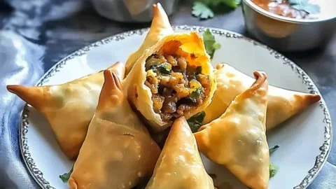 Crispy chicken samosas on a plate, garnished with herbs and dipping sauce