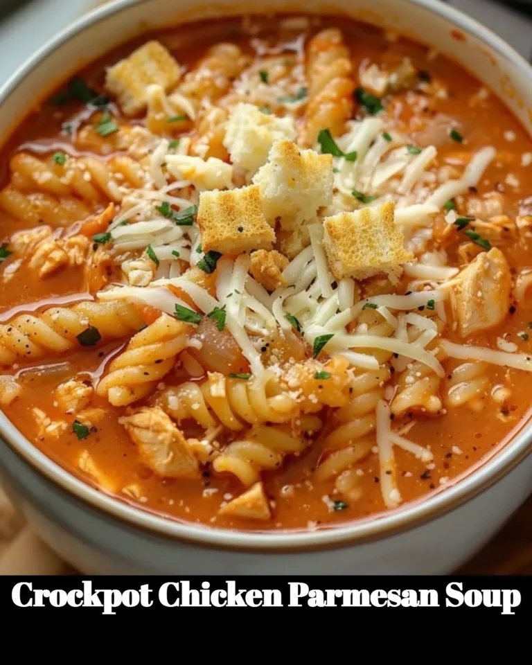 A bowl of Crockpot Chicken Parmesan Soup garnished with herbs and cheese