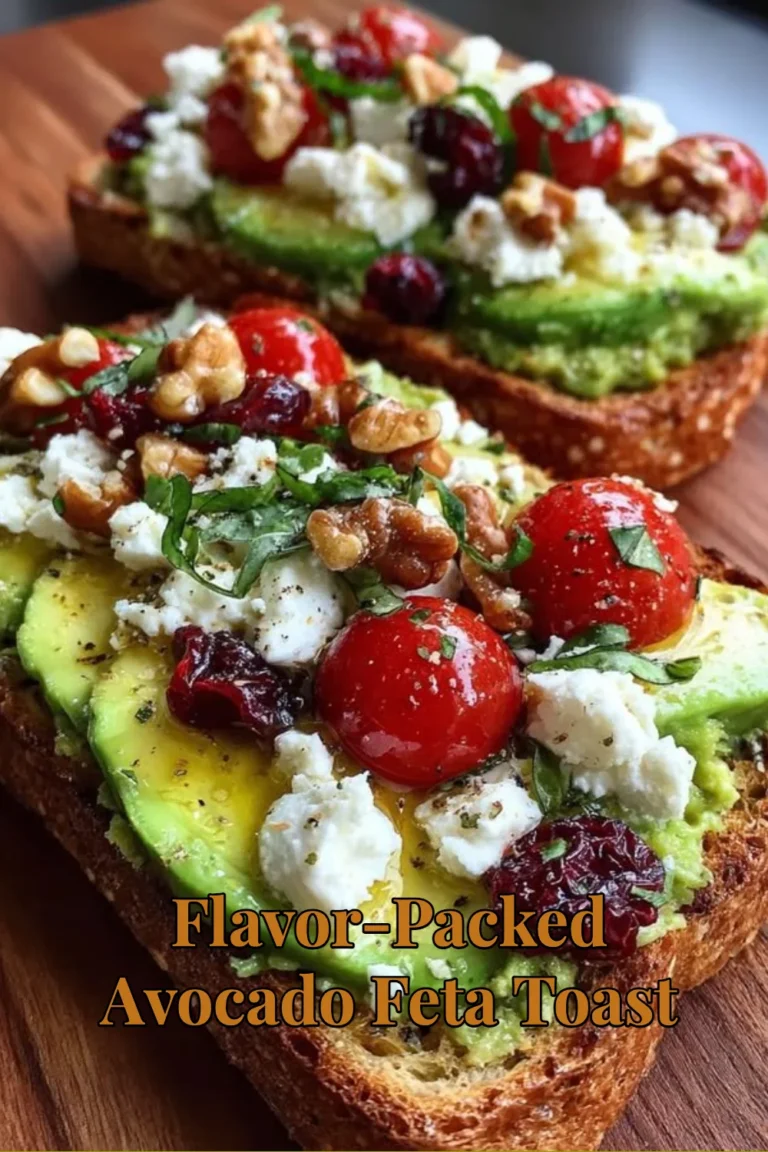 Avocado feta toast topped with herbs and spices served on toasted bread