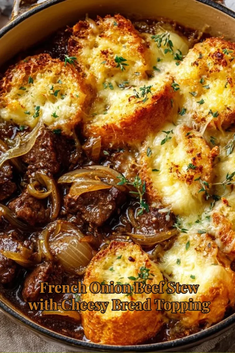 French Onion Beef Stew with Cheesy Bread Topping served in a bowl