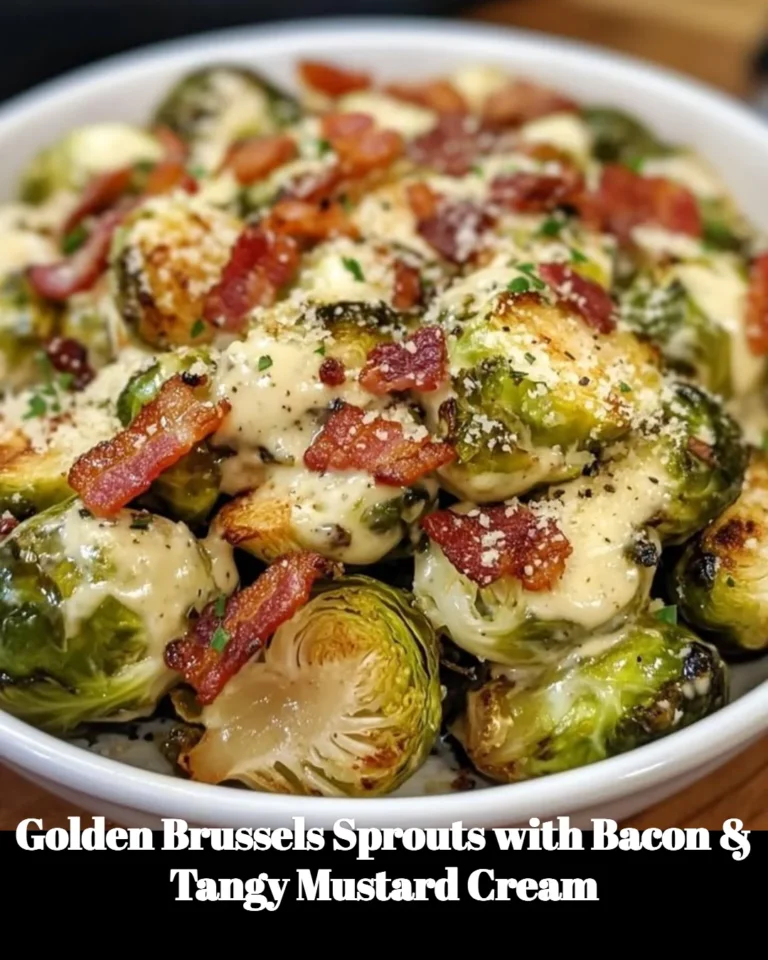 Golden Brussels sprouts cooked with bacon and served with tangy mustard cream sauce.