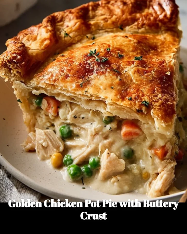 Golden Chicken Pot Pie with a Buttery Crust ready to serve