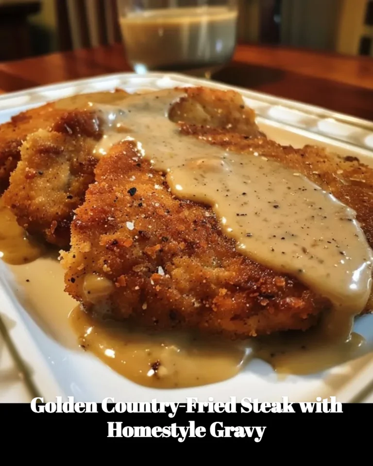 Golden Country-Fried Steak topped with homestyle gravy on a plate